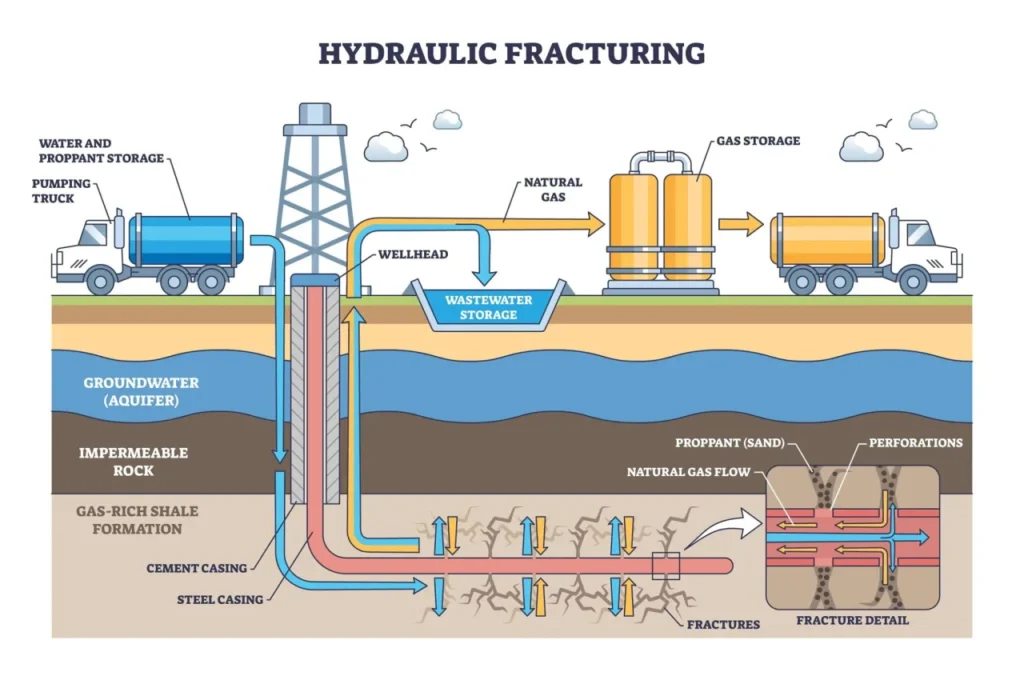 Schema tecnico della fratturazione idraulica (fracking)